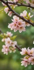 Obraz premium Delicate Pink Blossoms Adorn a Branch in the Springtime, a Close-Up View of Nature's Beauty