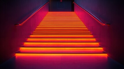 Fototapeta premium Neon-lit stairs, hallway, exit, vibrant, modern, interior design