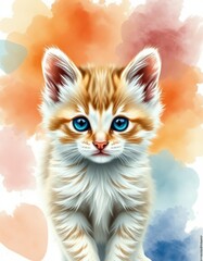 Fototapeta premium Cute fluffy kitten with bright blue eyes and orange accents in a colorful background