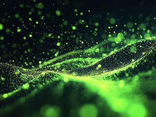 Futuristic neon green particles glowing on dark surfaces.