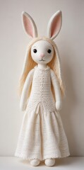 Obraz premium A charming handcrafted crocheted bunny doll, adorned in an elegant off-white dress, stands gracefully against a neutral backdrop