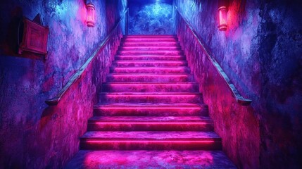 Neon-lit stairs, grunge cellar, background wall, game design
