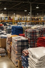 Warehouse Inventory: Stacks of Plaid Blankets and Textiles