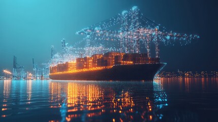 Digital cargo ship at port, glowing network.