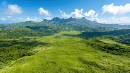 Naklejka premium Lush green valley, mountain range backdrop, sunny day, aerial view, travel postcard