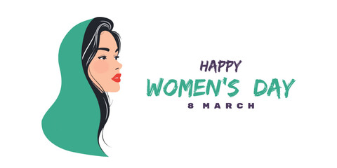 Happy women's day greeting or wishes card social media banner or poster design with woman side face vector illustration silhouette, women's rights, equality, girls, template, horizontal, celebration