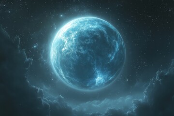 Fototapeta premium Glowing Blue Planet in Cosmic Space Nebula with Ethereal Glow and Twinkling Stars