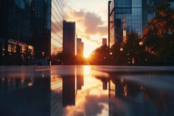 Obraz premium Sunset cityscape reflection in urban waterscape