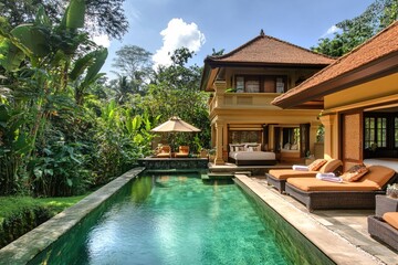 Luxurious tropical villa with private pool surrounded by lush green jungle under a blue sky