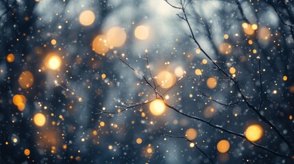 Winter Snowfall with Golden Bokeh Lights