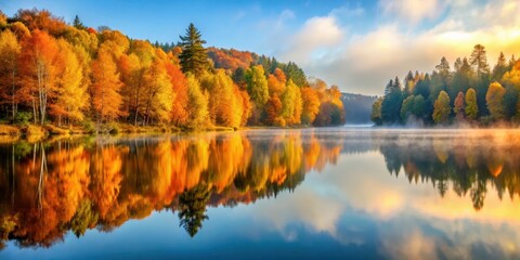 Fototapeta premium Serene lake scene with vibrant autumn leaves reflecting golden hues on its surface surrounded by tall trees and a misty sky , autumn, color changing seasons