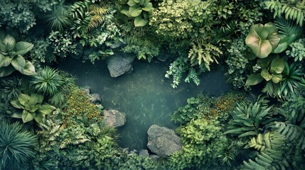 Rainforest aerial photo capturing diverse vegetation with a stream glimmering through the canopy