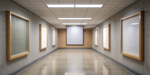 A university corridor background with a single empty poster frame hanging from a wall, featuring a subtle texture and a hint of wear on the frame's edges, academic backdrop, university campus