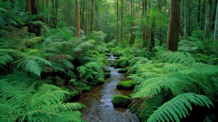 Rainforest aerial photo capturing diverse vegetation with a stream glimmering through the canopy