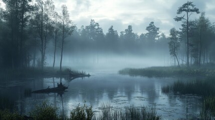 Fototapeta premium Misty Swamp Forest Landscape with Still Water Reflection