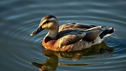 Duck swimming gracefully in clear water during a sunny afternoon in a serene natural setting