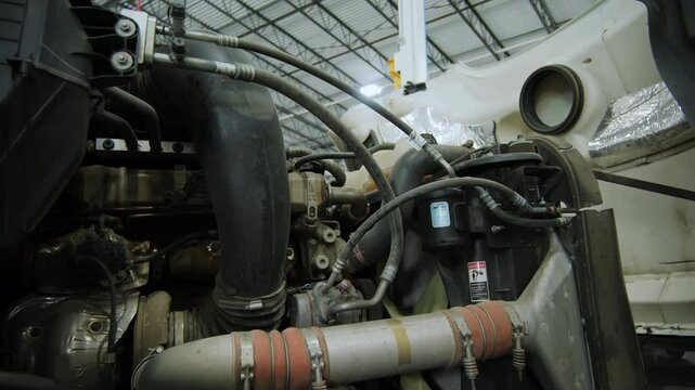 Truck in repair shop with open hood, Various devices and semi truck in a repair shop