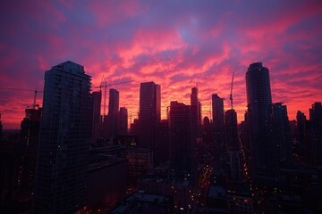 Cityscape at Sunset with Construction Cranes and Skyscrapers