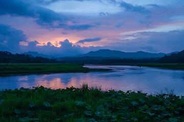 Fototapeta premium Beautiful sunset over the sea. Colorful sky with clouds.