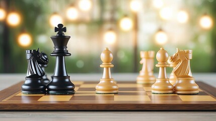 World Chess Day A chessboard with intricately designed chess pieces in midgame on a wooden table