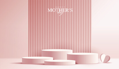 Mother's day for display podium, Valentine's Day with heart and flower. minimal pink background. product display presentation. studio room concept, minimal wall scene. vector design.