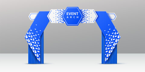 Blue event arch, realistic 3d vector exhibition entrance, modern arc gate with geometric triangular patterns and central hexagonal signage area. Entry for conferences, exhibitions, or corporate events