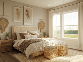 Fototapeta premium Serene Bohemian Bedroom Design with Natural Decor
