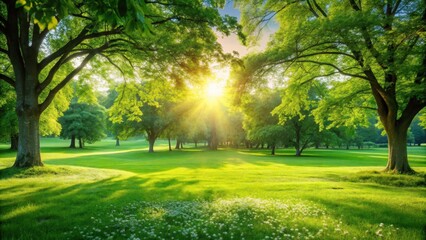 Obraz premium Lush green grass lawn with a few trees and flowers, sunlight filtering through leaves, serene natural setting , flower