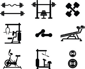 Fitness and exercise icons set. Weight Loss gym vector flat and line collection isolated on transparent background. Muscular build, dumbbell, running cycling for healthy life style web and app.