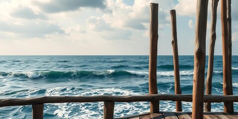 Scenic view of weathered wooden poles in the sea creating a perfect frame for artistic works, with the backdrop of a moving sea and the connotation of age and history, frame, history, ocean