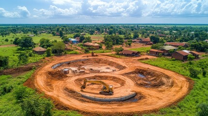 Aerial view of construction site in rural area, excavator working on earthworks for a new building.