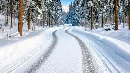 Obraz premium Winding snow-covered road through winter forest (1)
