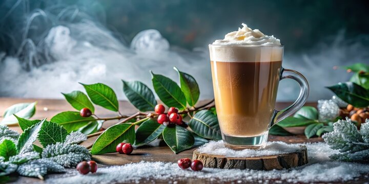 A frosty coffee glass filled with iced coffee and topped with a layer of foam, surrounded by wintergreen leaves and frosty mist , cozy scene, refreshing drink