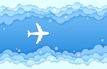 Naklejka premium Top view of paper cut plane in sky clouds. Vector papercut airplane flying in clear blue sky surrounded by white 3d cloudy frame conveys sense of travel, adventure, aviation and and air transportation