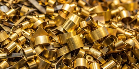 Brass scrap material from turning process with scratches and uneven edges, manufacturing, wear,  manufacturing, wear,brass