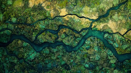 Rainforest aerial photo with layers of green and hidden streams weaving through the canopy