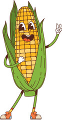 Groovy corn vegetable character. Isolated cartoon vector cheerful maize cob farm veg personage with green husk and ripe kernels, wearing retro shoes, giving a peace sign with joyful face expression