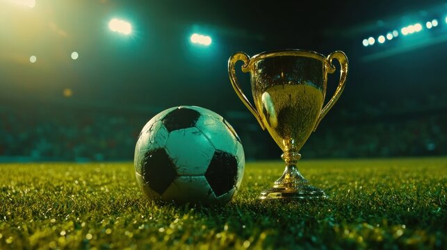 Soccer ball and trophy on field, stadium lights. Sports victory