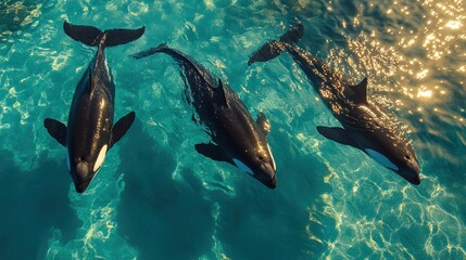 Obraz premium Orcas Pod Swimming in Turquoise Ocean Waters