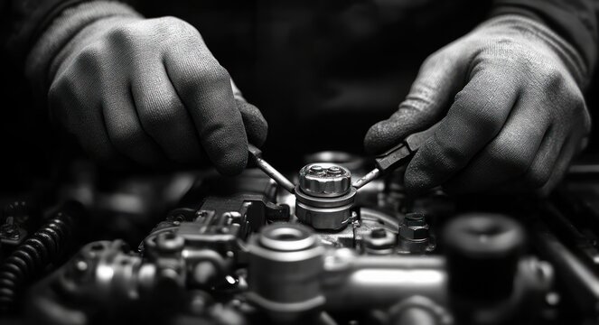 Hands Working on Car Engine in Garage High Contrast Black and White Photography