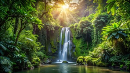 A stunning natural wonder of a hidden waterfall in a lush jungle setting, illuminated by the warm light of the sun filtering through the dense foliage above , lush greenery, dense foliage
