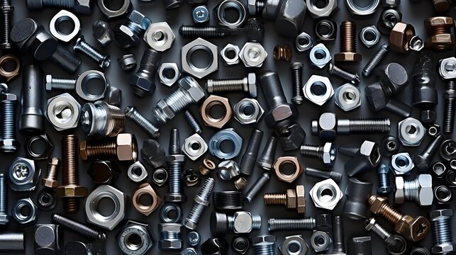 An arrangement of various industrial nuts bolts and metal hardware scattered across a metallic surface in a wide 16 9 format