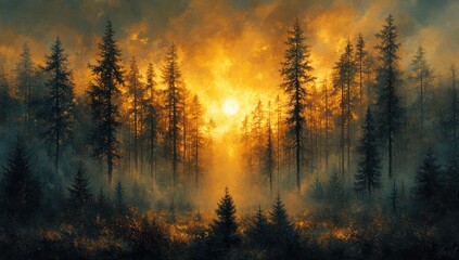 Serene Sunrise in a Pine Forest with Golden Rays and Soft Mist