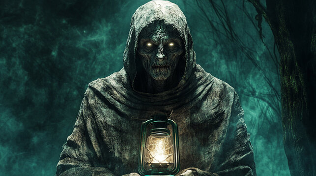 scary looking zombie ancient Angel of Death as the Hermit, wearing hooded figure cloaked tattered robe, holding a lantern, with eerie glowing eyes, haunting atmosphere