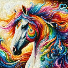 A striking artistic representation of a horse with a flowing mane in rainbow hues, emphasizing dynamic and lively design.