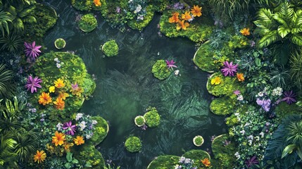 Naklejka premium Rainforest aerial view capturing the canopy teeming with life and patches of vibrant flowers