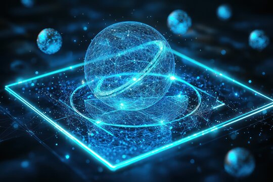 Layered with torus shapes and spheres, a rectangular neon blue outline frames a floating fabric patch mockup in 3D.