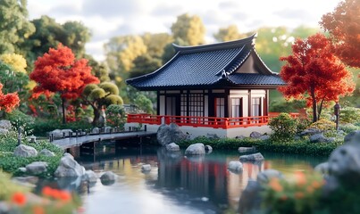 Autumnal Japanese garden temple, peaceful pond reflection, zen design, for travel brochure