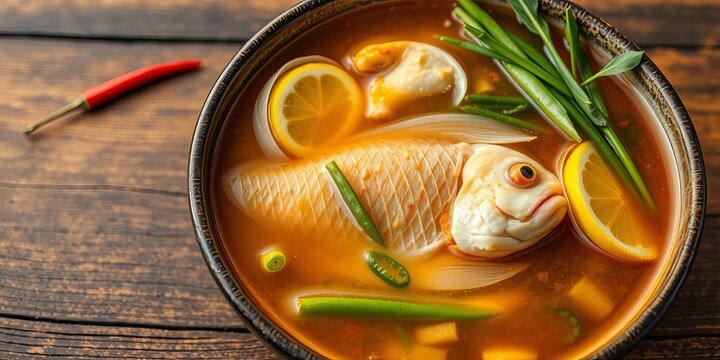 Traditional Sichuan dish called clear sweet sour and hot fish made of lemon pepper grass carp green pepper chicken soup, pepper, sour, grass carp
