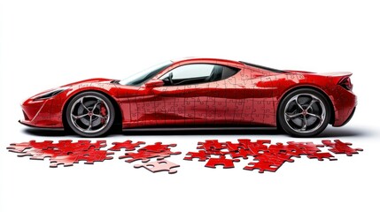 Obraz premium Jigsaw puzzle of a sleek red supercar isolated background digital art modern aesthetics side view automotive concept